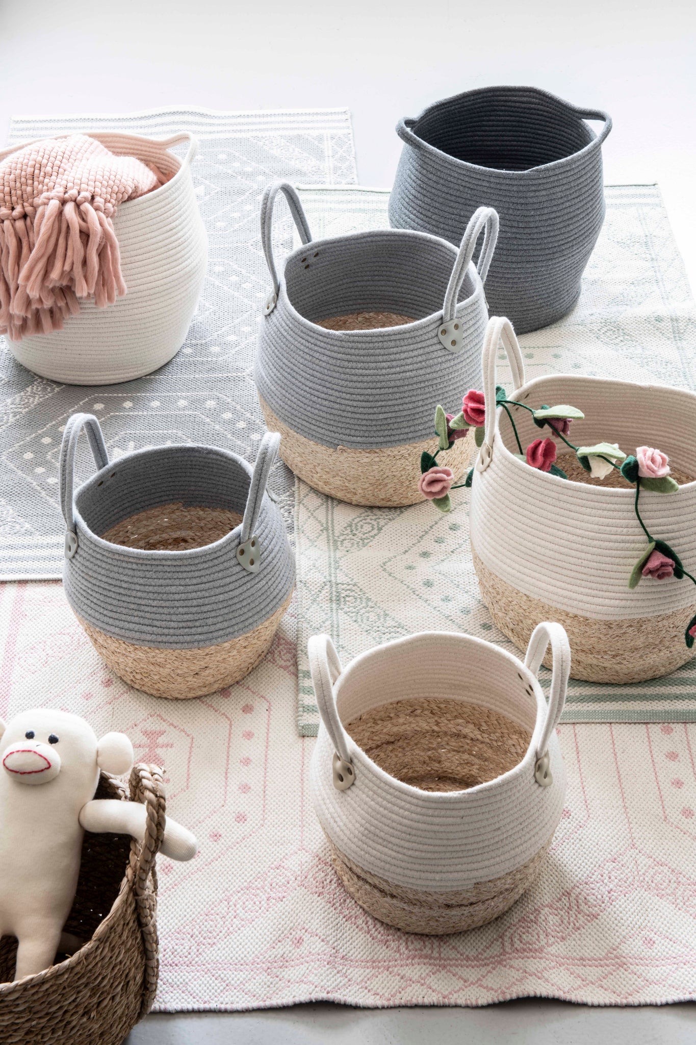KidsDepot Kori mandenset β grijs | Set van 2 zeegras manden met katoenen afwerking