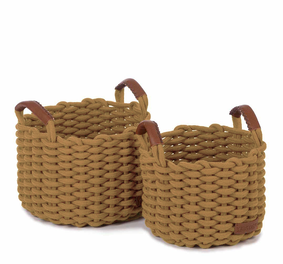 KidsDepot Korbo mandenset M – set van 2 katoenen opbergmanden met leatherlook handvatten
