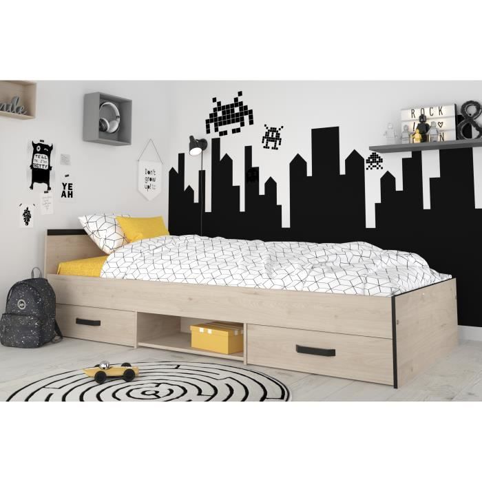 ZODIAC Kinderbed met Opberglades – Eiken & Zwart Decor | Modern Design – 90×200 cm | Parisot