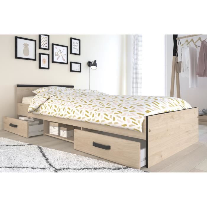 ZODIAC Kinderbed met Opberglades – Eiken & Zwart Decor | Modern Design – 90×200 cm | Parisot