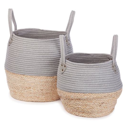 KidsDepot Kori mandenset – grijs/naturel set van 2 zeegras manden met katoenen afwerking