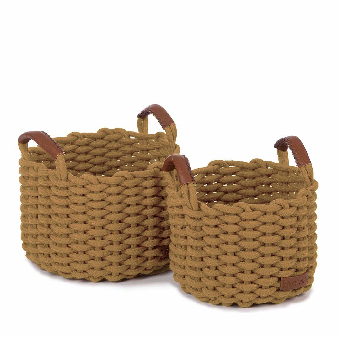 KidsDepot Korbo mandenset M – set van 2 katoenen opbergmanden met leatherlook handvatten