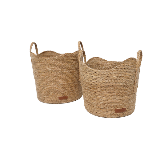 KidsDepot Kiara mandenset – set van 2 biezenmanden met golvende rand in naturel tint