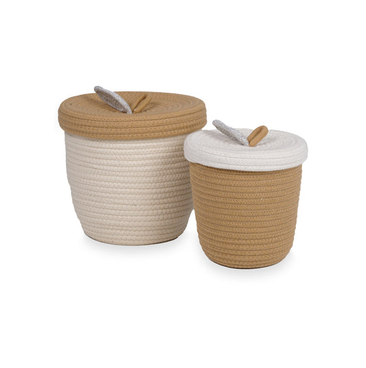 KidsDepot Boyan mandenset – set van 2 beige-witte opbergmanden met eikeldeksel
