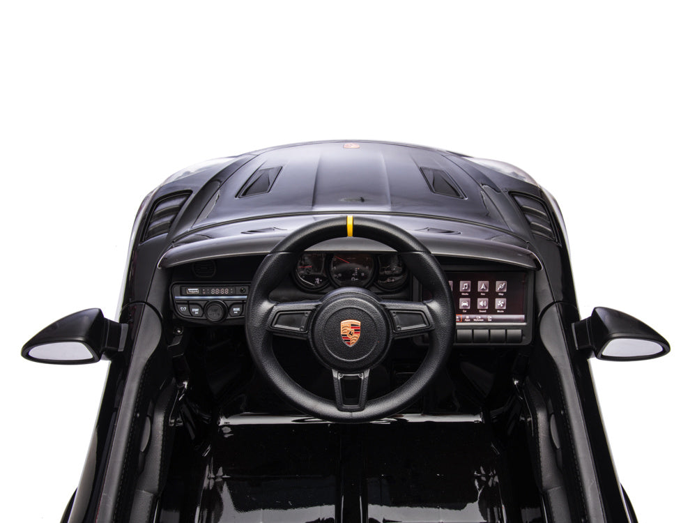 Porsche Spyder RS 12V kinderauto – luxe elektrische sportwagen met Lithium-accu, rubberen banden & leren zitje | Kiddoplay