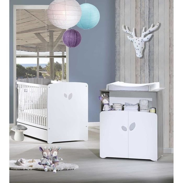 BABY PRICE BLAD duo babykamer – wit ledikant en commode met bladgrepen