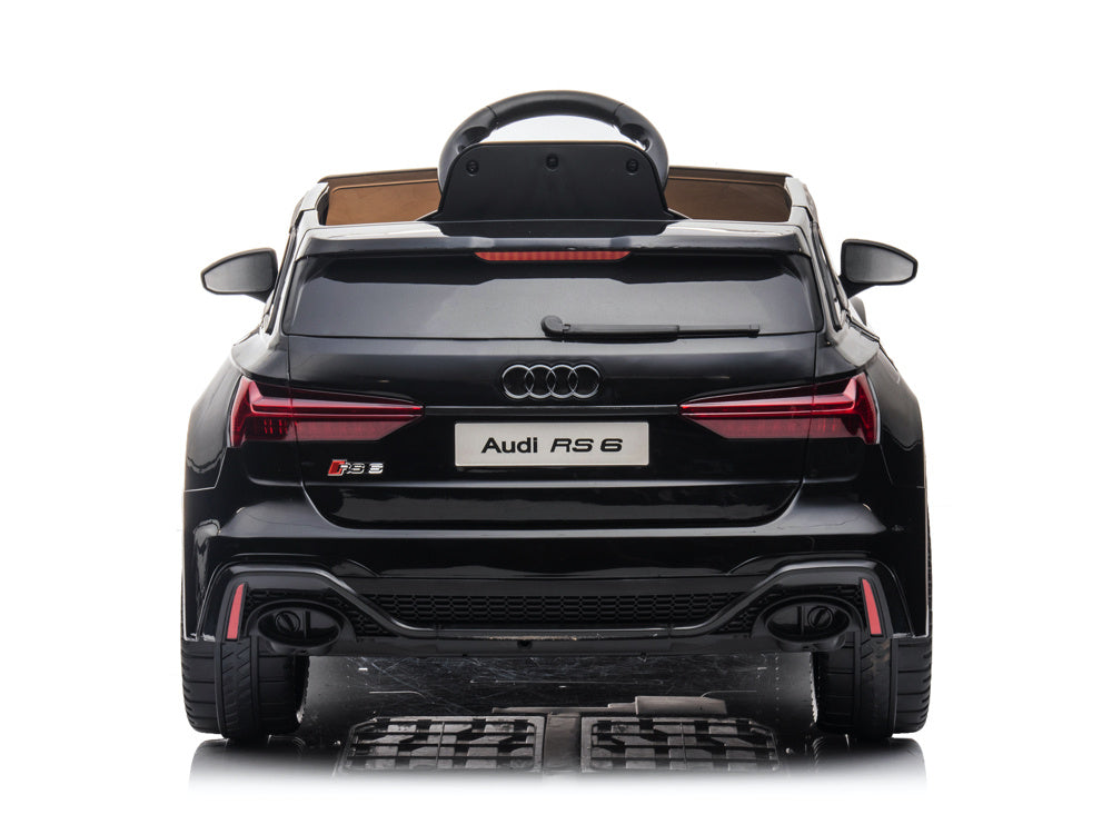 Audi RS6 12V elektrische kinderauto (zwart) – rubberen banden, kunstleder/leder zitje, 2.4GHz afstandsbediening & soft start | Kiddoplay