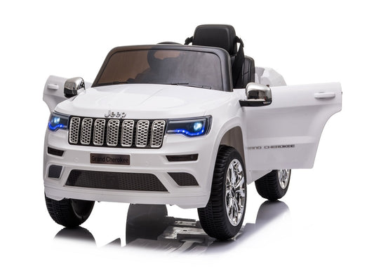 Jeep Grand Cherokee 12V elektrische kinderauto (wit) – leder zitje, rubberen banden & 2.4G afstandsbediening | Kiddoplay