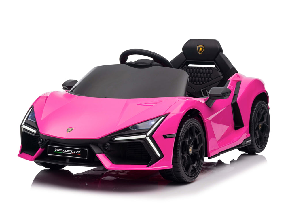 Lamborghini Revuelto 12V kinderauto roze – voorkant met LED-verlichting