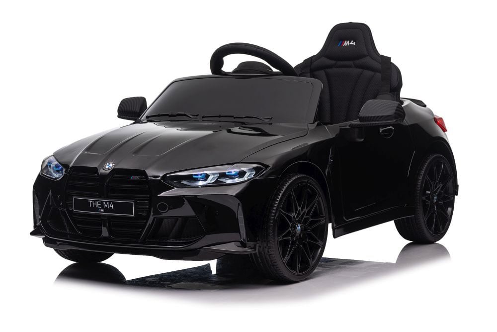 BMW M4 12V kinderauto zwart – voorkant met LED-verlichting