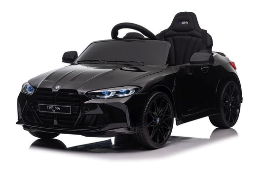 BMW M4 12V kinderauto zwart – voorkant met LED-verlichting